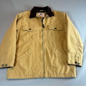 Vintage Faded Glory Chore Jacket Mens Large Tan Canvas Cotton Plaid Lined Barn